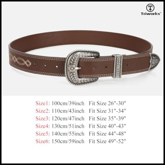 Vintage Western Leather Belt Engraved Floral Buckle Adjustable Waist Belt - Picture 6 of 7